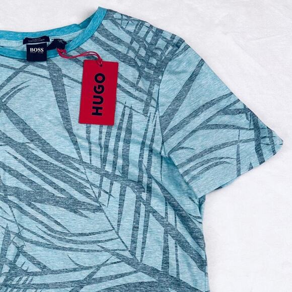 Hugo Boss Men’s Large Blue Cotton Linen Short Sleeve Slim Fit T-Shirt - Picture 3 of 12